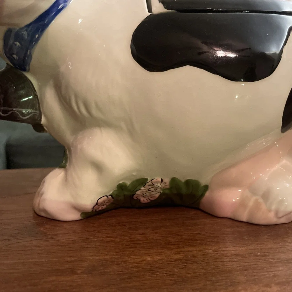 VTG Ceramic Cow Cookie Jar Black White Pink Bow Granny Twin Winton Cottage 16